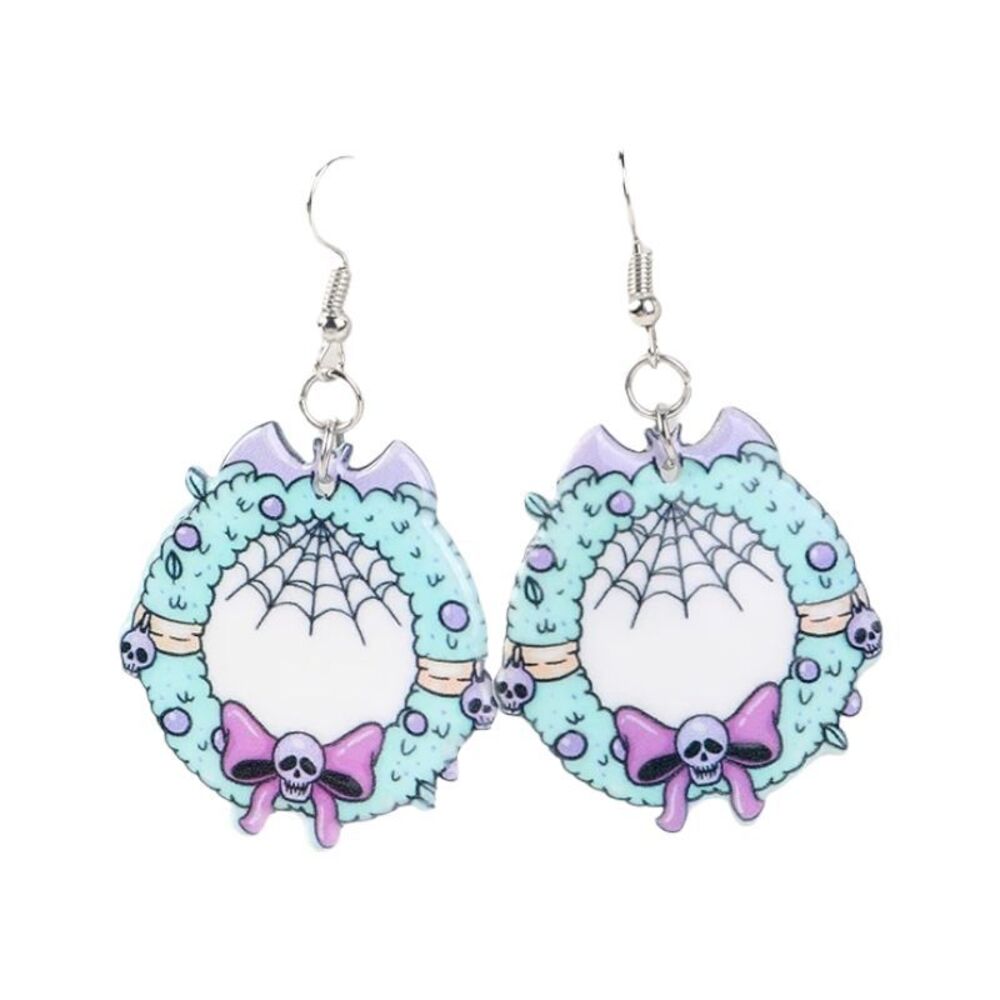 New Christmas Holiday Goth Bat Skull Spiderweb Wreath Drop Earrings Pastel Gift